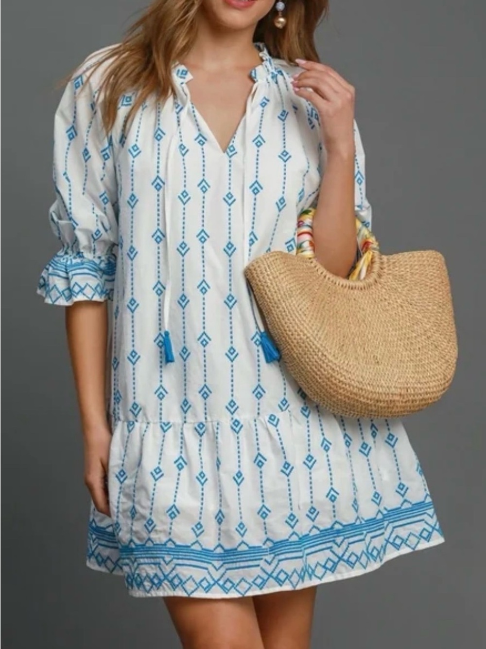 NEW Umgee Boho Embroidered Split Neck Dress Tunic Plus Size 1XL 100% Cotton